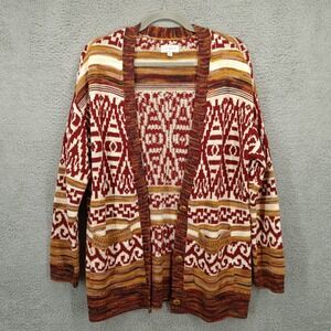Lucky Brand Medium Aztec Cardigan‎ Open Front Pockets Knit Sweater Boho